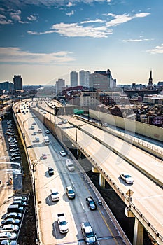 View of the Delaware Expressway from the Ben Franklin Bridge Walkway in Philadelphia, Pennsylvania.