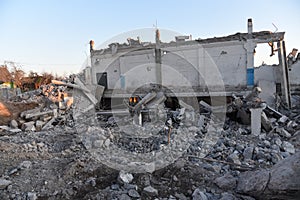 View of the demolition of a multi-storey building. Dismantling and demolition of buildings and structures. Destroy concrete