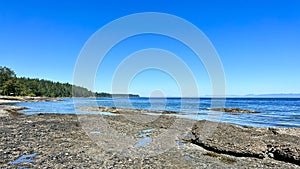 view from Denman island to Hornby island low tide on the pacific ocean