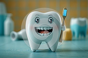 view Dental whimsy Funny tooth character with a toothbrush, oral hygiene