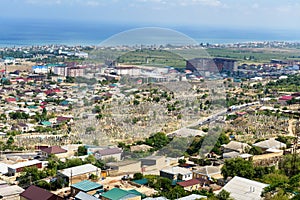 View of Derbent city and old Muslim graveyard. Republic of Dagestan, Russia