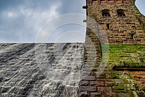 View of Derwent Dam and Reservoir in overflow