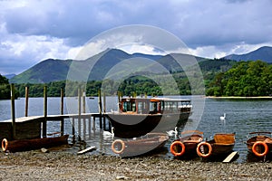 View of Derwent Water with Leisure Boats and Cat Bells Hill Behind