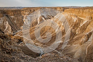 View of desert canyons curved in israeli landscape