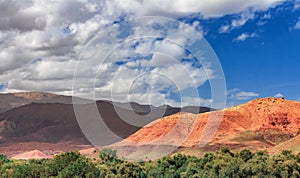 View of the desolating valley Ounila River. Beautiful Northern African Landscape . Fascinating view from the hill to the