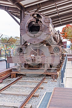 View of a destroyed locomotive at Imjingak, Republic of Korea