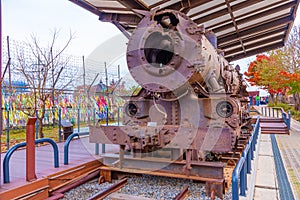 View of a destroyed locomotive at Imjingak, Republic of Korea