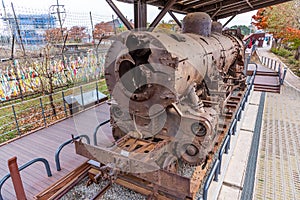 View of a destroyed locomotive at Imjingak, Republic of Korea