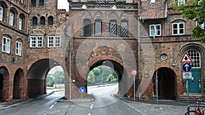 View of detail of Burgtor or Burg Tor nothern Gate in a gothic style, beautiful architecture, Lubeck, Germany