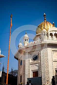 View of details of architecture inside Golden Temple - Harmandir Sahib in Amritsar, Punjab, India, Famous indian sikh landmark,