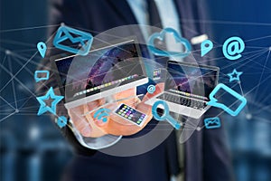 Devices like smartphone, tablet or computer flying over connection network and app- 3d render