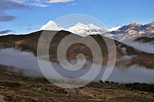 View of the Dhaulaghiri mountain from Muktinath village, Nepal, Asia.