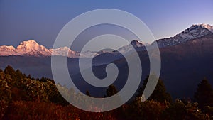 View of Dhaulagiri & Annapurna mountain ranges at dawn from Poon Hill summit, Nepal