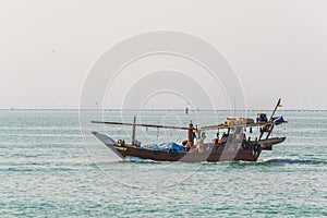 View of a dhow ship on an open sea in Kuwait