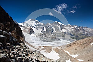 View from the Diavolezza to the mountains and glaciers