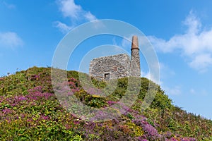 A view of Ding Dong mine, Cornwall, surrounded by heather