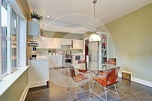 View of dining table set and kitchen storage combination.