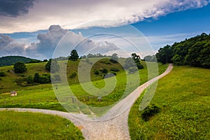 View of dirt roads and fields from the Blue Ridge Parkway at Mos