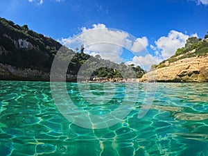 View from a distance from the sea of the beach of Antena on the Balearic island of Mallorca