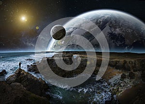 View of distant planet system from cliffs 3D rendering elements