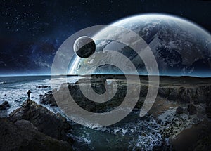 View of distant planet system from cliffs 3D rendering elements