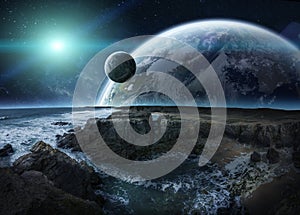 View of distant planet system from cliffs 3D rendering elements