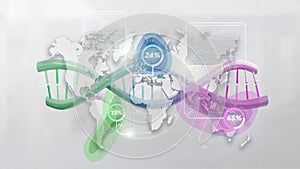 DNA over a world map with geographic localization - genealogy concept - 3d rendering photo