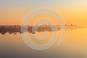 View of the Dnieper river at sunrise in Kremenchug, Ukraine