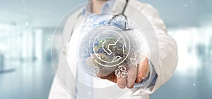 Docotor holding a World globe surronding by ecology icons and connection 3d rendering photo