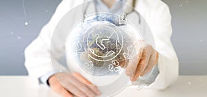 Docotor holding a World globe surronding by ecology icons and connection 3d rendering photo