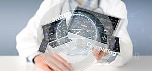 Doctor holding Quantum computing concept with qubit and devices 3d rendering