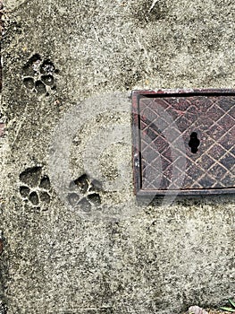 View of dog prints embedded on a hardened concrete floor