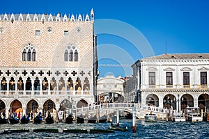 View of the Doge`s Palace and Bridge of Sighs from the Grand Canal in Venice, Italy