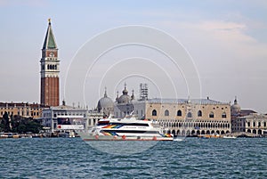 View of Doge's Palace, Campanile on Piazza di San Marco from the island of San Giorgio Maggiore, Venice, Italy