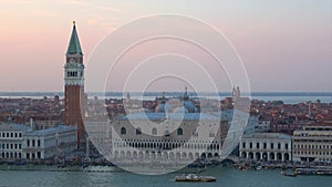 View of the Doge`s Palace and St. Mark`s Basilica in the september twilight. Venice, Italy