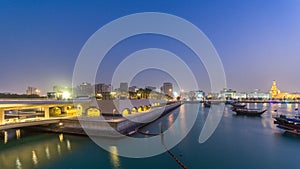 View of the Doha city in front of the Museum of Islamic Art day to night timelapse in the Qatari capital, Doha.
