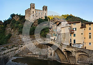 View of Dolceacqua castle and the bridge in the old town of Dolceacqua, Imperia province, Liguria region, Italy