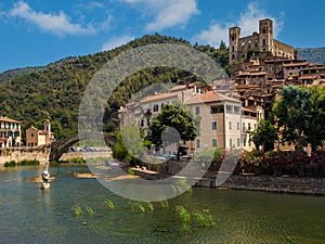 View of Dolceacqua and small river in Liguria, Italy