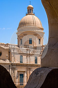 View of the dome of the Baroque church Cathedral of San Corrado in the center of Noto in the province of Syracuse in Sicily, Italy