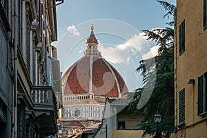 View on dome of Florence Duomo or Basilica di Santa Maria del Fiore cathedral in Florence, Tuscany, Italy