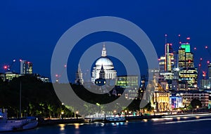 The view of the dome of Saint Paul`s Cathedral at night, City of London.