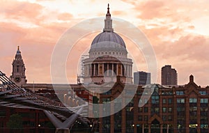 The view of the dome of Saint Paul`s Cathedral at sunset, City of London.
