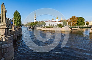 View of the dome of St. Nicholas naval Cathedral from the intersection of the Griboyedov canal and Kryukov canal