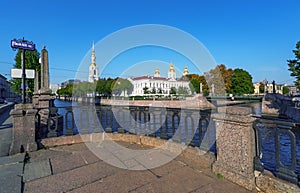 View of the dome of St. Nicholas naval Cathedral from the intersection of the Griboyedov canal and Kryukov canal