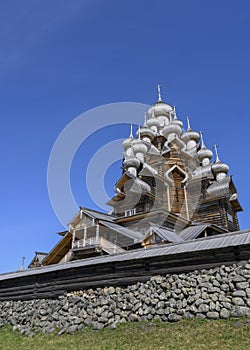 Domes and crosses of medieval wooden Church of the Transfiguration of the Lord built in 1714 on Kizhi Island on Onega Lake