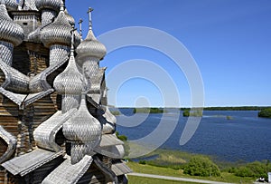 Aerial view of domes and crosses of medieval wooden Church of the Transfiguration of the Lord built in 1714 on Kizhi Island on