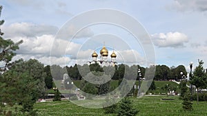 View of the domes of the Uspensky Cathedral on the arrow of the rivers Volga and Kotorosl. Yaroslavl