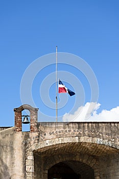 View of the Dominican flag at half mast, for national mourning