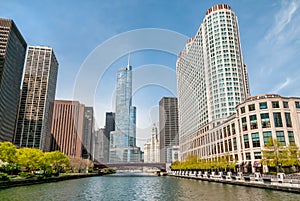 View of Donald Trump Tower and Skyscrapers from Chicago River in center of Chicago, USA