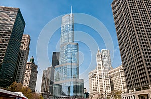 View of Donald Trump Tower and Skyscrapers from Chicago River in center of Chicago, USA